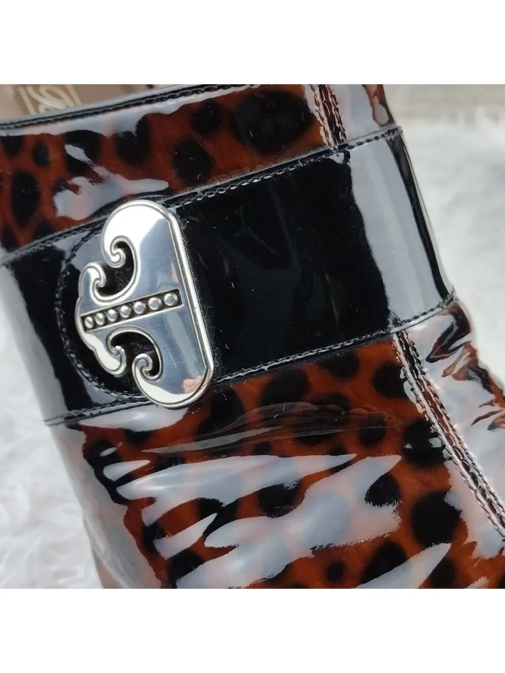 Brighton Runway Black Brown Cheetah Print Patent Leather High Heel Mule Shoe